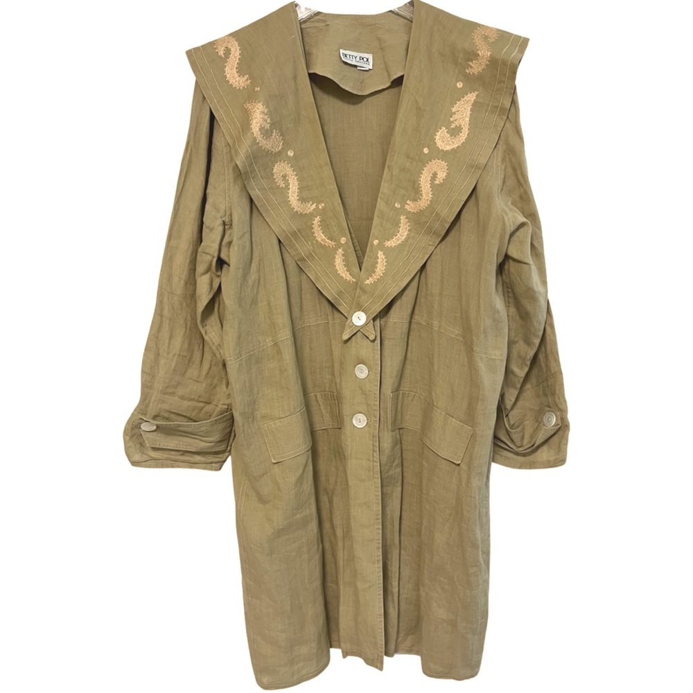 Soft olive color long jacket with detachable embroidered collar.